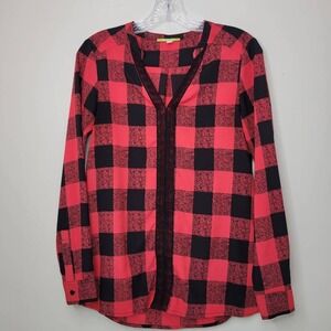 3 / $30 Gianni Bini‎ Blouse XS Red Black Buffalo Plaid Long Sleeve V-Neck Lace